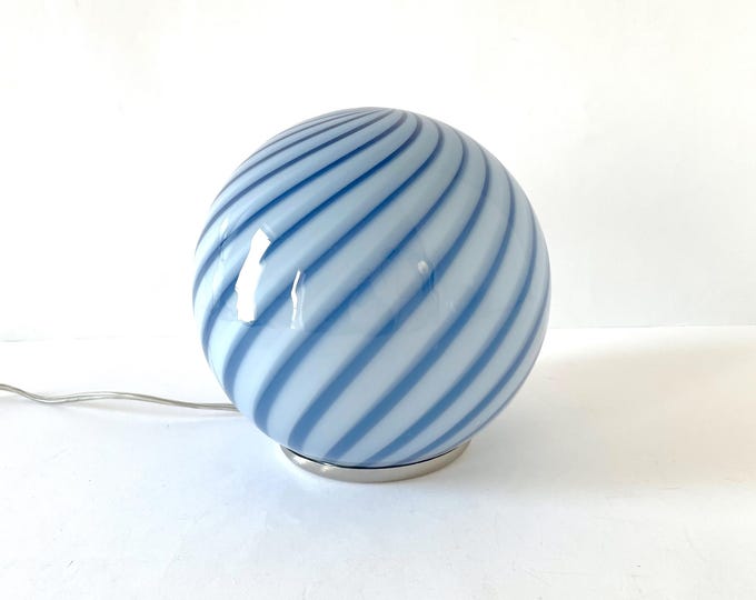 BLUE SWIRL MURANO table lamp with stripes rigadin glass D 20 cm
