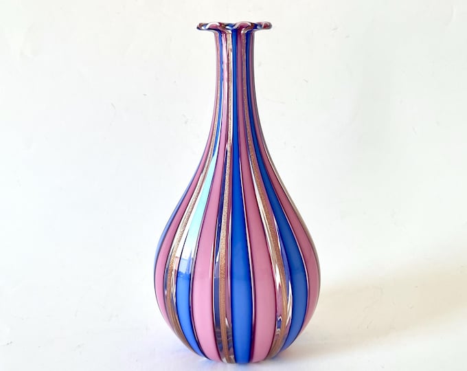 precious rare MURANO vase hand-crafted with canes and colored filigree, vintage 70s B