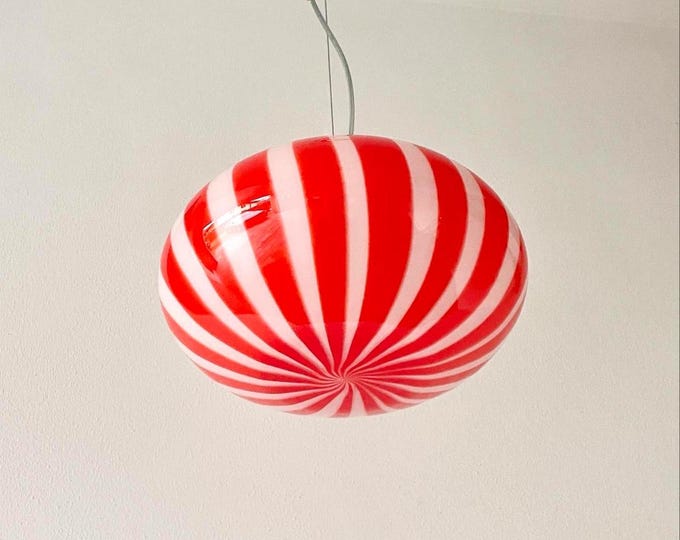 FILIGRANA MURANO STRIPES ceiling lamp red D33 oval - handmade by Murano glass masters-golden frame
