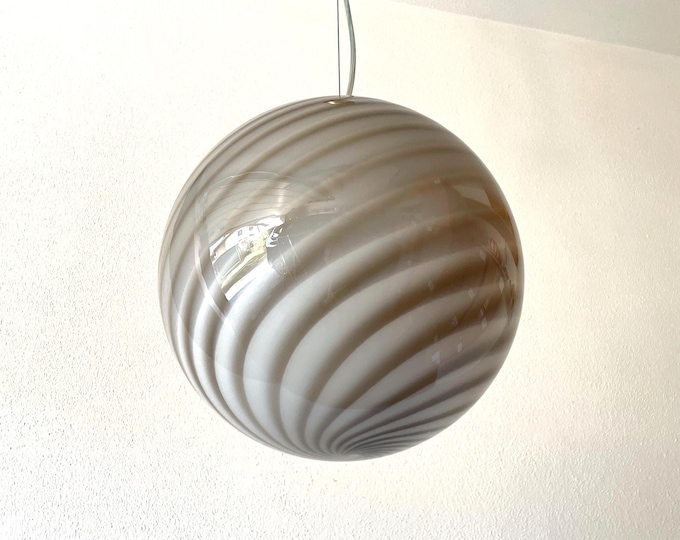 BROWN BEIGE MURANO ceiling lamp with swirl rigadin glass, D 30 golden frame