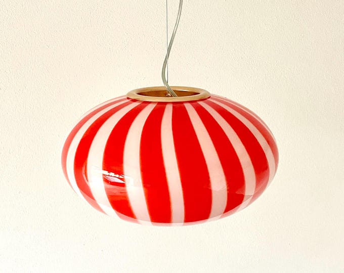 FILIGREE MURANO STRIPES ceiling lamp red D33 oval - handmade by Murano glass masters-golden frame