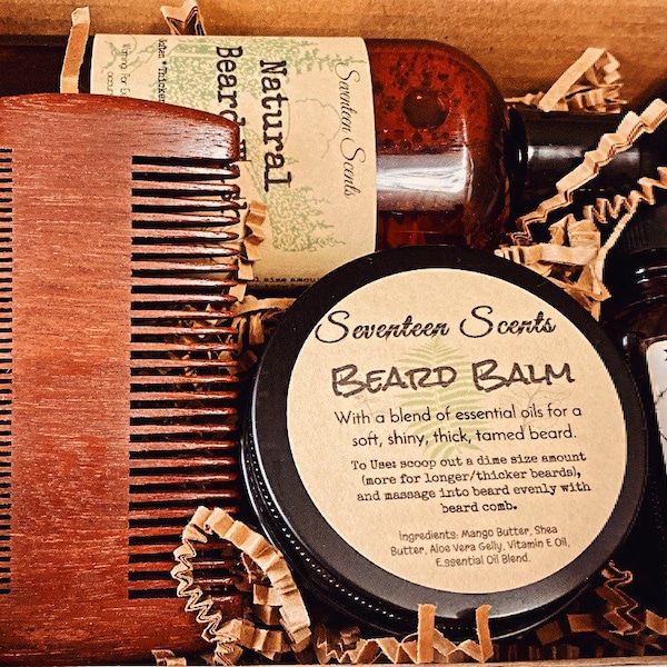 Mens Beard Care Gift Set, conditioning beard wash, Beard Balm, Beard Oil, Beard Comb, Christmas gift, gift box w/ tag, self care, Mens gift