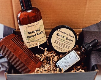 Set de regalo para el cuidado natural de la barba masculina: aceite, bálsamo, gel de baño y peine