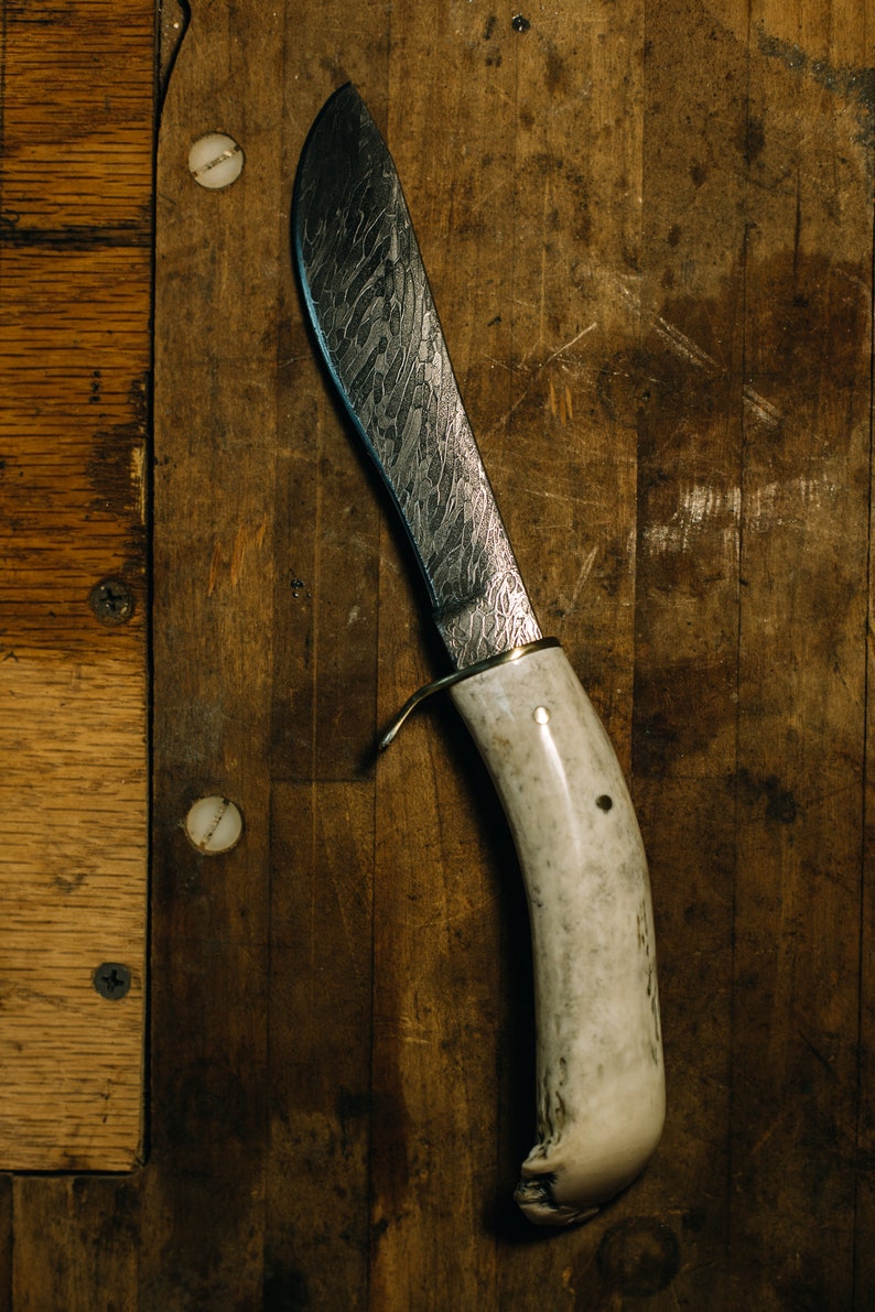 Buck Antler Handle Hammer Knife With Damascus Blade Etsy