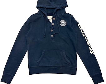 Moletom com capuz Hollister Henley vintage Y2K com estampa nas mangas e efeito desgastado estilo surf/costeira, tamanho M.