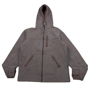 Può includere: Una felpa con cappuccio con zip a quadri marrone e grigio con cappuccio. La giacca ha una cerniera a tutta lunghezza, due tasche anteriori e una piccola tasca sul petto. I polsini e la fodera del cappuccio sono marrone scuro. La felpa con cappuccio è realizzata in un tessuto morbido e strutturato.