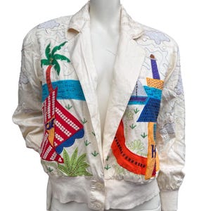 Blouson bomber vintage en soie Marc D'Alcy, orné de perles, style tropical maximaliste, taille S