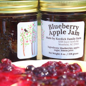 May include: Two glass jars of dark purple Blueberry Apple Jam with gold metal lids. The labels feature a tree illustration and text: Blueberry Apple Jam, Made by Kordick Family Farm, 1259 Joyce Acres Rd, Westfield, NC 27053, 8 oz. / 228 grams.