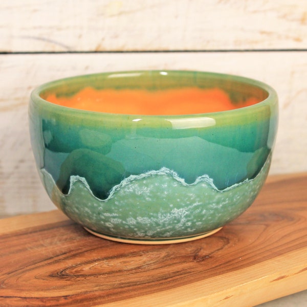 Handmade Green Orange Ceramic Bowl, 16 oz