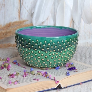 Green Pottery Bowl with Polka Dots, 28 oz