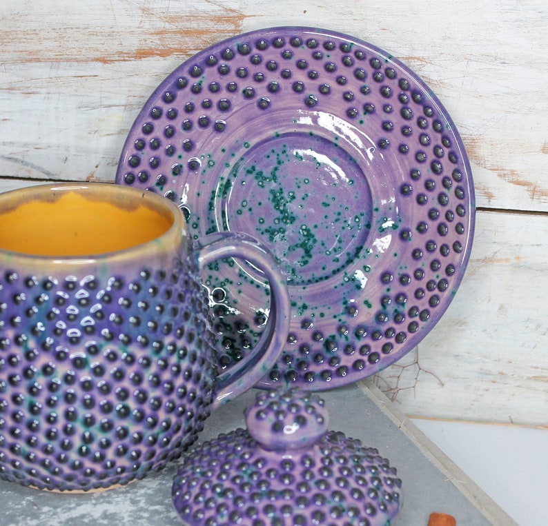 Purple Ceramic Mug with Saucer and Lid, 15 oz image 4
