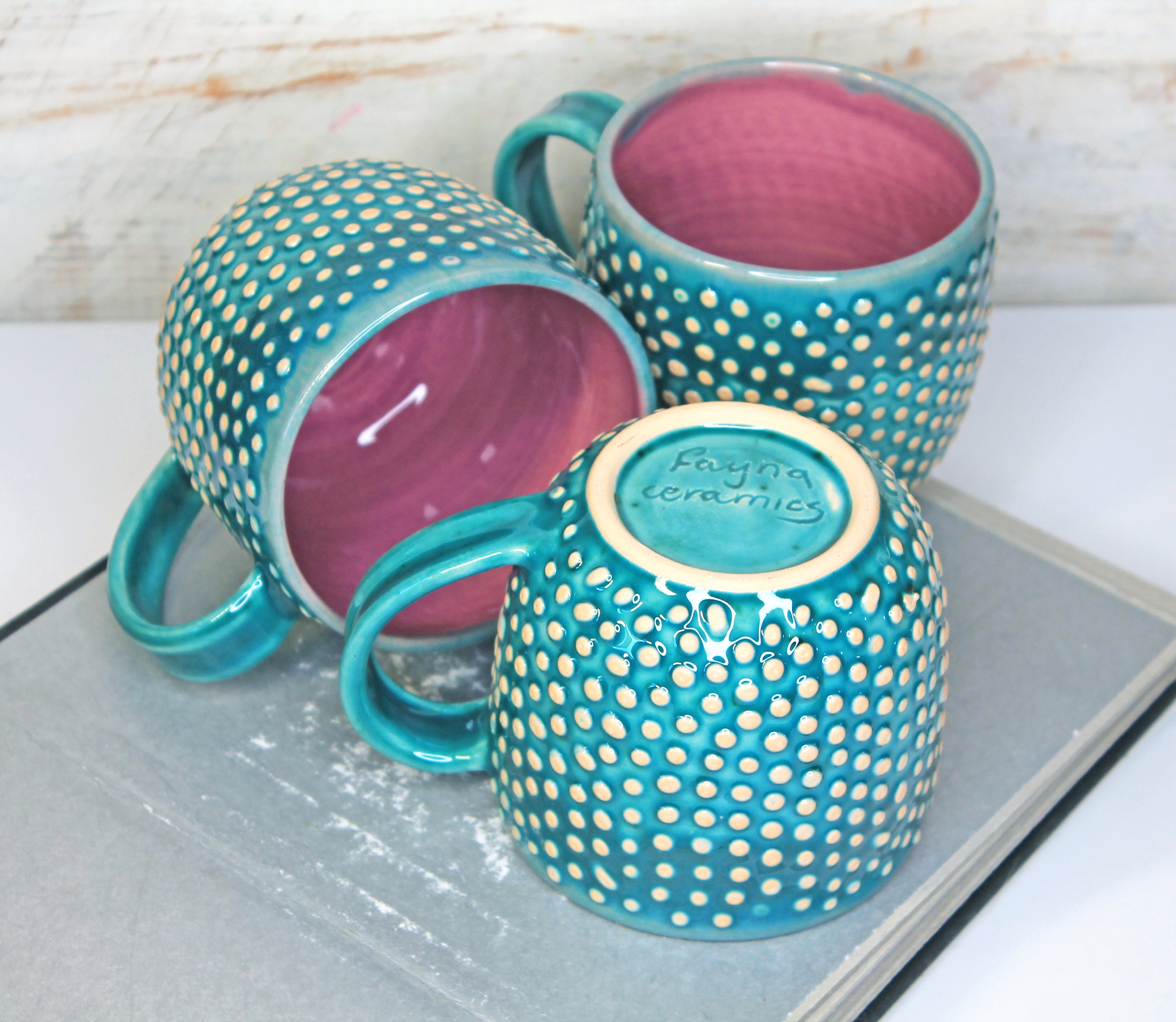 Pottery Coffee Mug with Polka Dots 12 oz Etsy