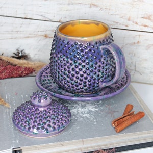 Purple Ceramic Mug with Saucer and Lid, 15 oz image 2