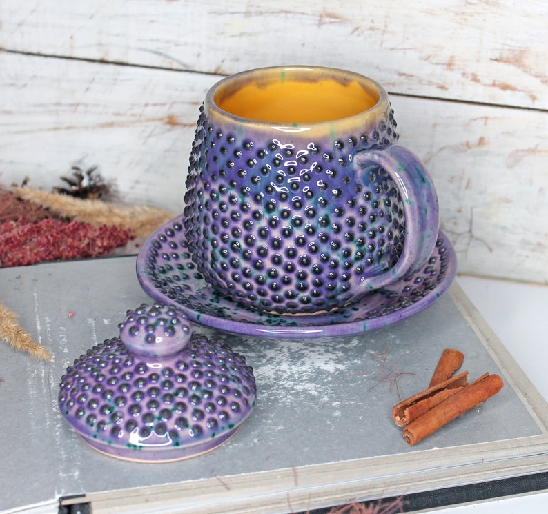 Purple Ceramic Mug with Saucer and Lid, 15 oz image 2