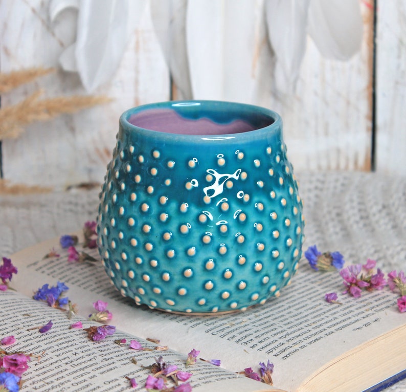 Turquoise Ceramic Mug with Dots, 11 oz image 4