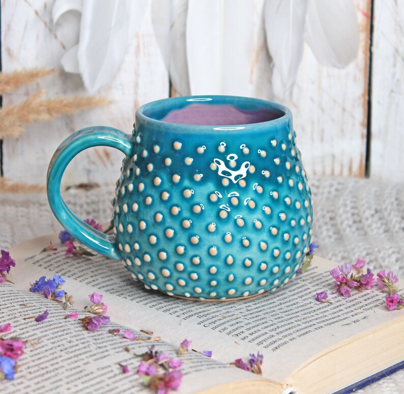 Turquoise Ceramic Mug with Dots, 11 oz image 3