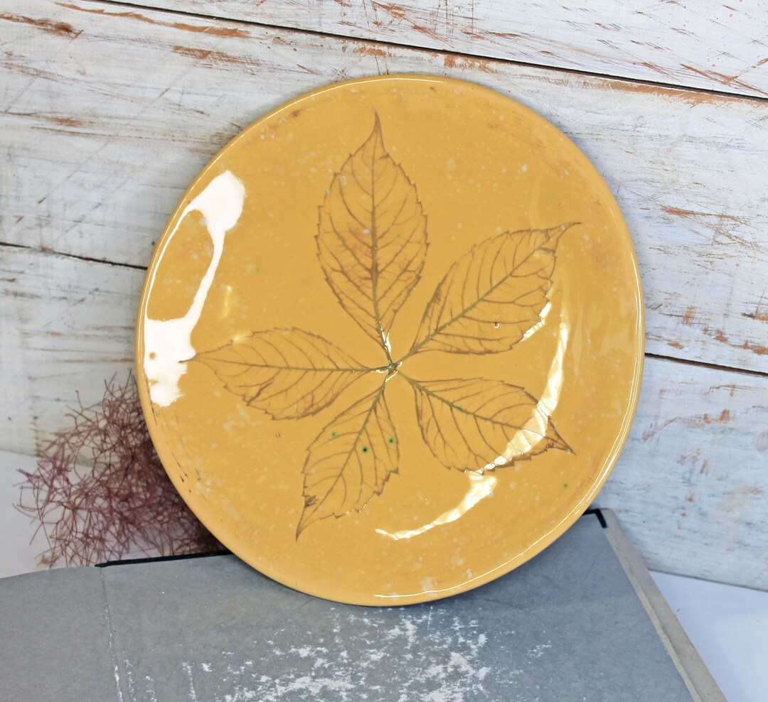 Yellow Ceramic Plate With Leaf Pattern 8 Inches Etsy