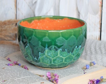 Green Orange Faceted Pottery Bowl, 28 oz