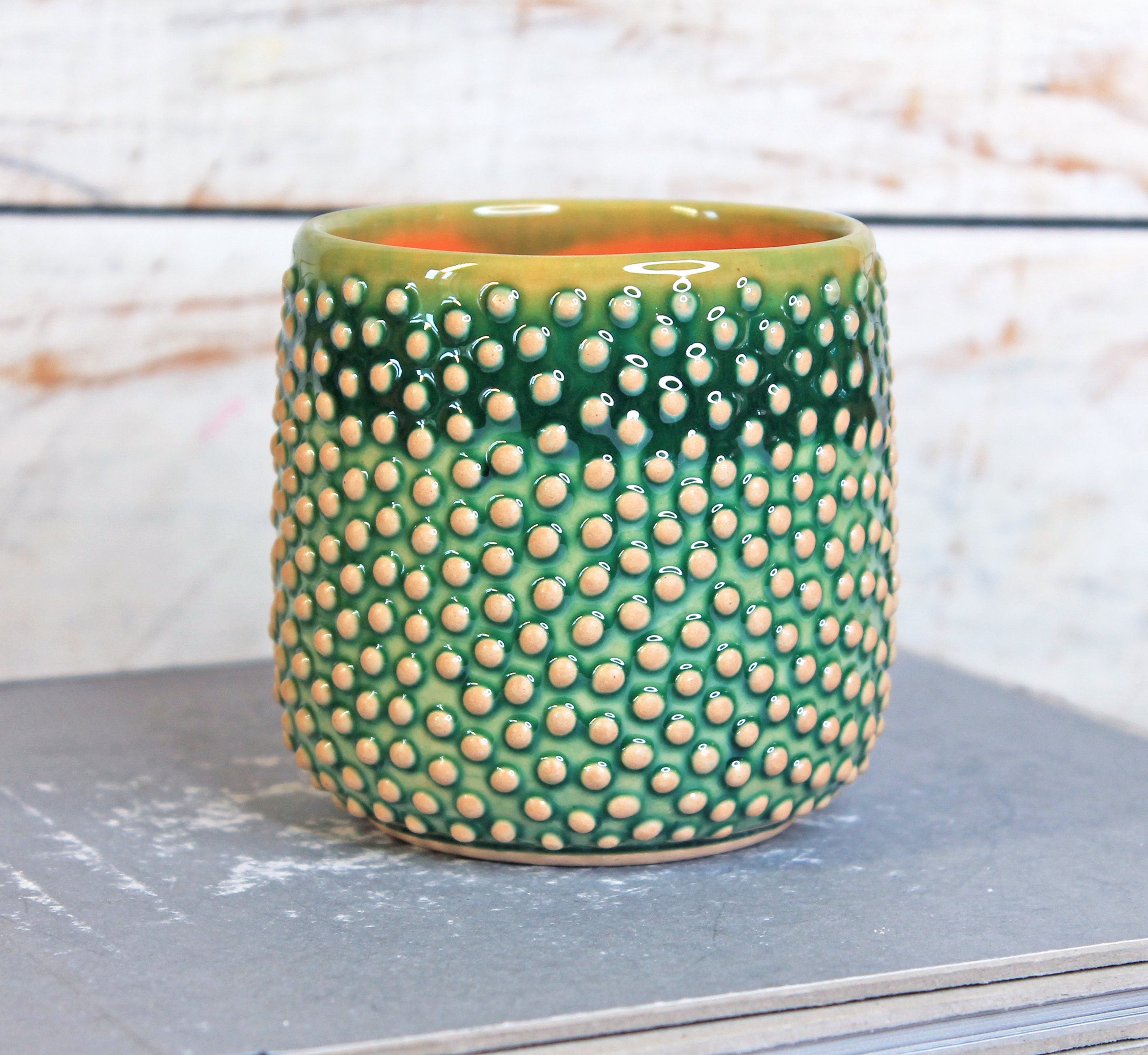 Green Ceramic Drinking Glass with Polka Dots 9 oz Etsy
