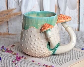 White Ceramic Mushroom Mug with Fly Agarics, 13 oz