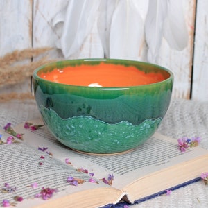 Handmade Green Orange Ceramic Bowl, 24 oz