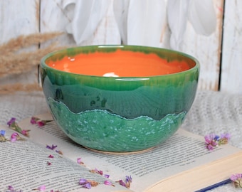 Handmade Green Orange Ceramic Bowl, 24 oz