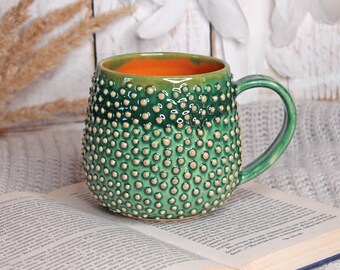 Large Green Pottery Mug with Polka Dots, 18 oz