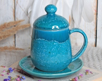 Turquoise Coffee Mug with Saucer and Lid, 12 oz