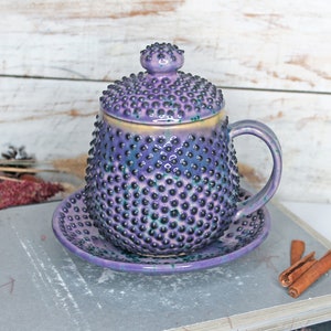 Purple Ceramic Mug with Saucer and Lid, 15 oz image 1