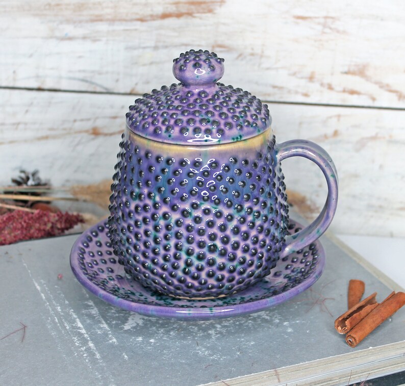 Purple Ceramic Mug with Saucer and Lid, 15 oz image 1