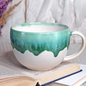 Extra Large Milk White Ceramic Mug with Green Edging, 24 oz