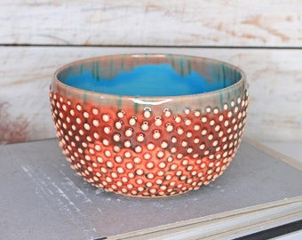 Red Pottery Bowl with Polka Dots, 26 oz