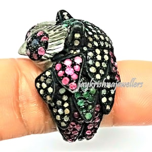 Natural Diamond Owl Ring, 925 Sterling Sliver Handmade Pave Setting Round Gemstone Ring Unique Owl Ring, Slice Diamond & Gemstone Ring