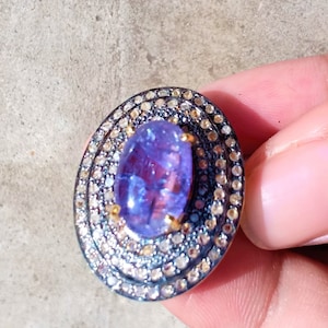 Natural Tanzanite & Diamond Flowers Ring, 925 Sterling Silver Handmade Jewelry Ring