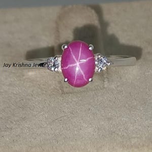 Anillo de zafiro rosa estrellado: Estrella de rubí de plata de ley, piedra natal de julio, anillos, regalo para ella