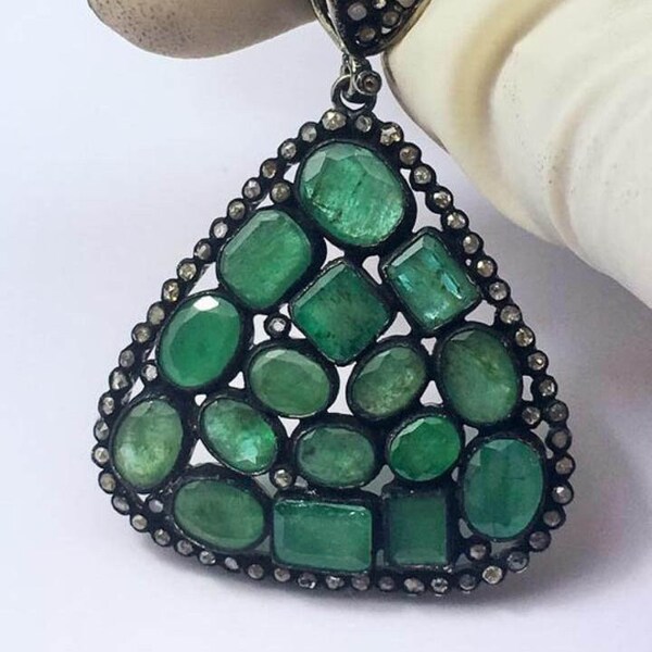 Emerald Gemstone Pendant, 925 Sterling Silver Pendant, Handmade Jewelry Pendants, Rose Cut Diamond Pendants, Gemstone Flowers Pendants