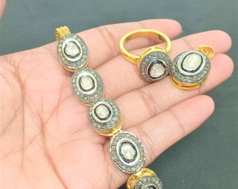 Polki Diamond Bracelet, Polki Jewelry Set, 925 Sterling Silver Jewelry Polki Diamond Pendent & Ring Sets, Polki Jewelry Bracelet For Wedding