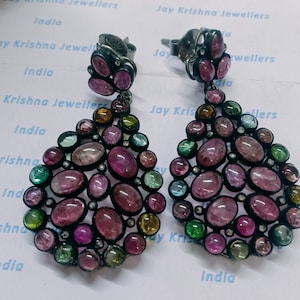 Natural Tourmaline Gemstone Earring, Rose Cut Diamond Earring, 925 Sterling Silver Handmade Multiple Tourmaline Earring, Drop/Dangle Earring