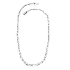 May include: A silver chain necklace with a row of small, round, white diamonds.