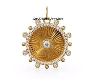 14k massivt guld räfflat solsken medaljonghänge: Handgjort designat diamanthalsband