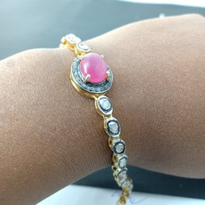 Natural Polki & Ruby Gemstone Charms Bracelet: 925 Silver Pave Diamond Victorian Bracelets, Gift