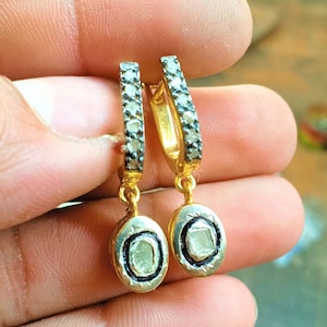 Polki Diamond Drop Earring, 925 Sterling Silver Pave And Prong Setting Earring, Slice Diamond Victorian Earring, Handmade Jewelry Earring