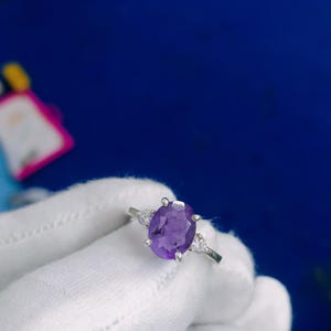 Amethyst Oval Ring, February Birthstone Amethyst Ring, 925 Sterling Silver Handmade Purple Gemstone Silver Ring, Birthstone Oval Purple Ring