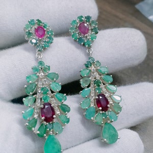 Emerald Drop Earring, Drop/Dangle Ruby Earring, Slice Diamond Ruby Earrings, 925 Sterling Silver May Birthstone Emerald And Diamond Earrings