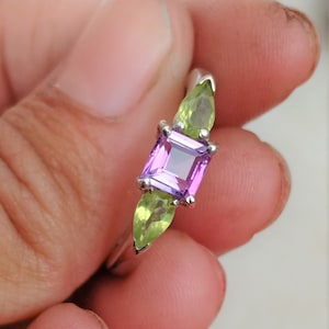 Amethyst Wedding Gold Ring, Pear Peridot Gold Ring, 14k Solid Gold Handmade Setting Amethyst Peridot Engagement Ring Minimalist Jewelry Ring