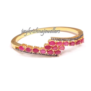 Ruby Gemstone Bangle, Natural Ruby Bracelet, 925 Sterling Silver July Birthstone Ruby Bangle, Ruby With Slice Diamond Women&#39;s Bangle