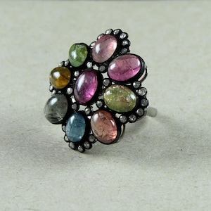 Multi Tourmaline Ring, Tourmaline Gemstone Floral Ring, 925 Sterling Sliver Handmade Ring, Rose Cut Diamond Ring, Gemstone Jewelry Ring