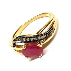 Anello cocktail con rubino: argento sterling, con diamante a taglio vivo, regalo di fidanzamento.