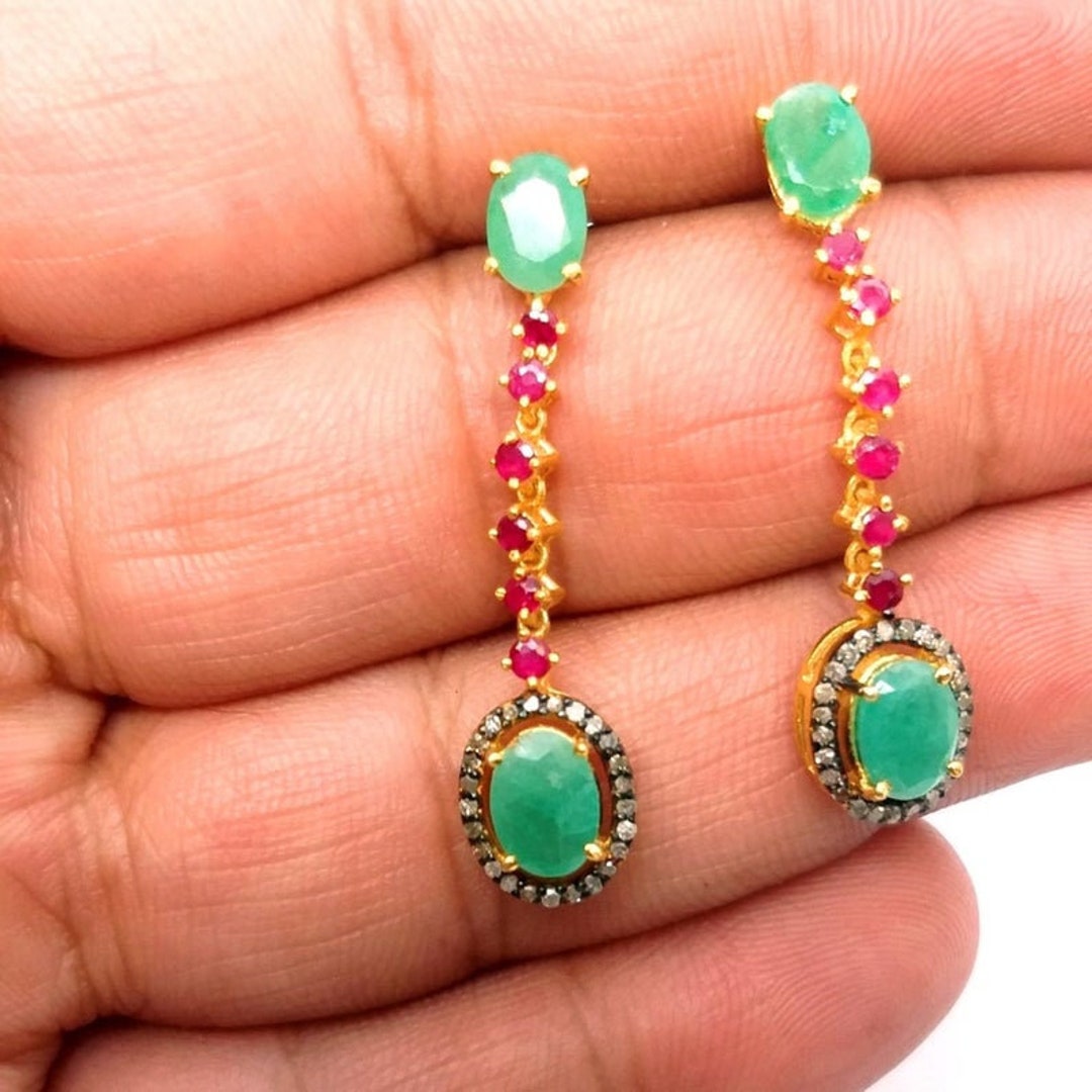 925 Sterling Silver Jewelry, Ruby Gemstone Earring, Antique Design Emerald Drop Earring