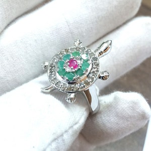 Turtle Ring, Diamond Ring, Rose Cut Diamond Ring, Emerald And Ruby Turtle Ring, Handmade Jewelry 925 Sterling Silver Gemstone Turtle Ring